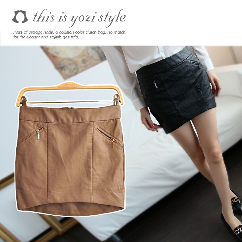 Free shipping Pomeloes clothing 2012 autumn fashion women's high waist slim hip zipper leather short skirt n-598