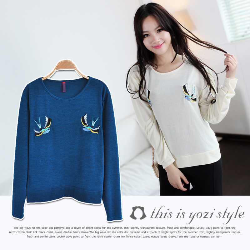 Free shipping Pomeloes clothing fashion embroidered o-neck long-sleeve loose thin sweater ab162