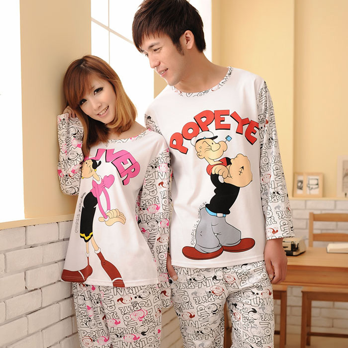 free shipping POPEYE cartoon 100% cotton 100% cotton male women's long-sleeve lovers sleepwear lounge set