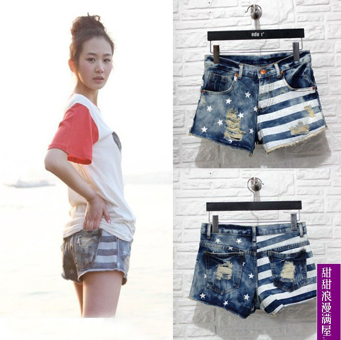 Free Shipping Popular personality stripe denim shorts 379274 high quality wholesale