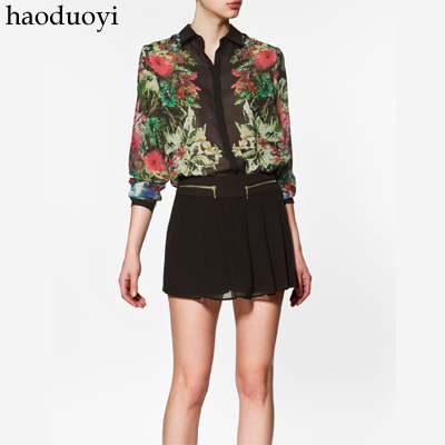 Free Shipping Popular silk scarf flower print chiffon shirt long-sleeve shirt flower blouse 6 full