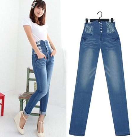 Free Shipping Popular vintage 120 single breasted the waist lace slimming high waist jeans 9971