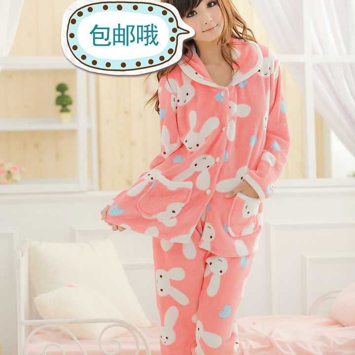 free shipping post lady jewellery Thickening thermal cartoon rabbit coral fleece sleepwear long-sleeve female 2011 winter