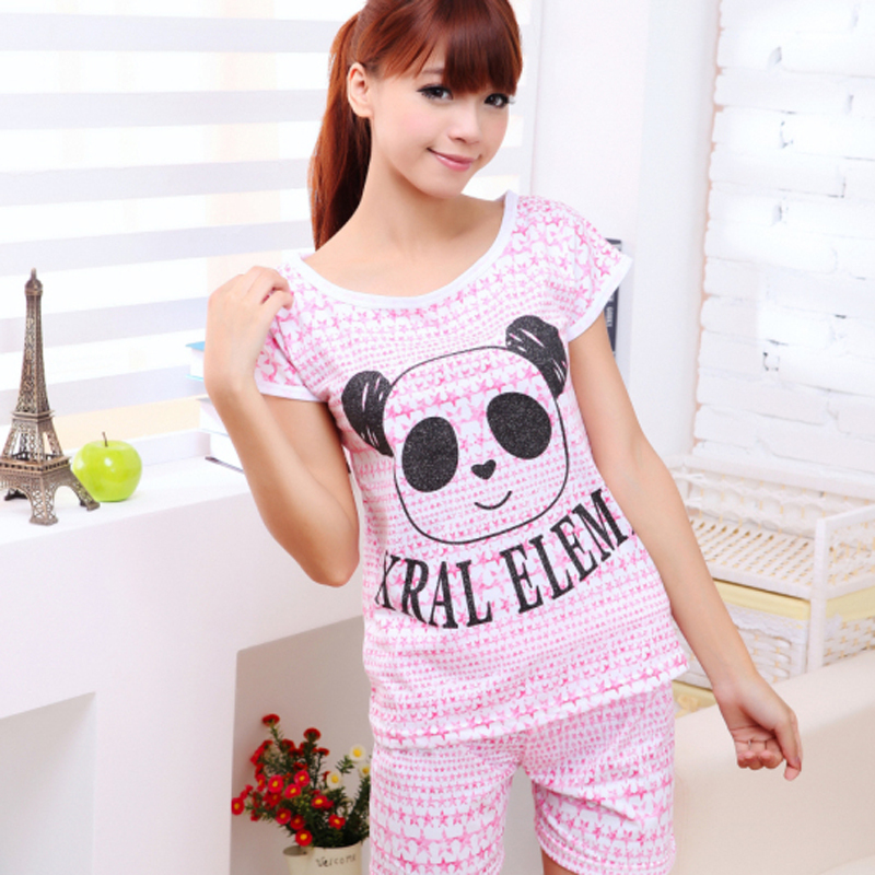 Free Shipping Princess 2012 cartoon panda sleepwear female summer short-sleeve knitted cotton set lounge