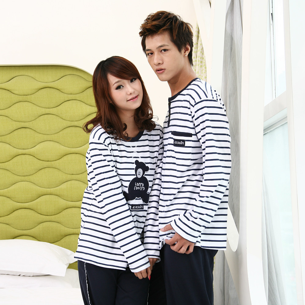 Free Shipping Princess autumn long-sleeve knitted cotton lovers sleep set lounge stripe cartoon bear