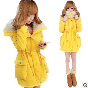 Free shipping Princess large fur collar candy bright yellow plus velvet drawstring cotton-padded jacket outerwear wadded jacket