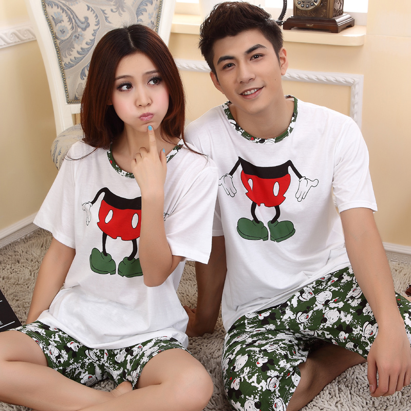 Free Shipping Princess lovers sleepwear summer cartoon MICKEY cotton male women's short-sleeve set lounge