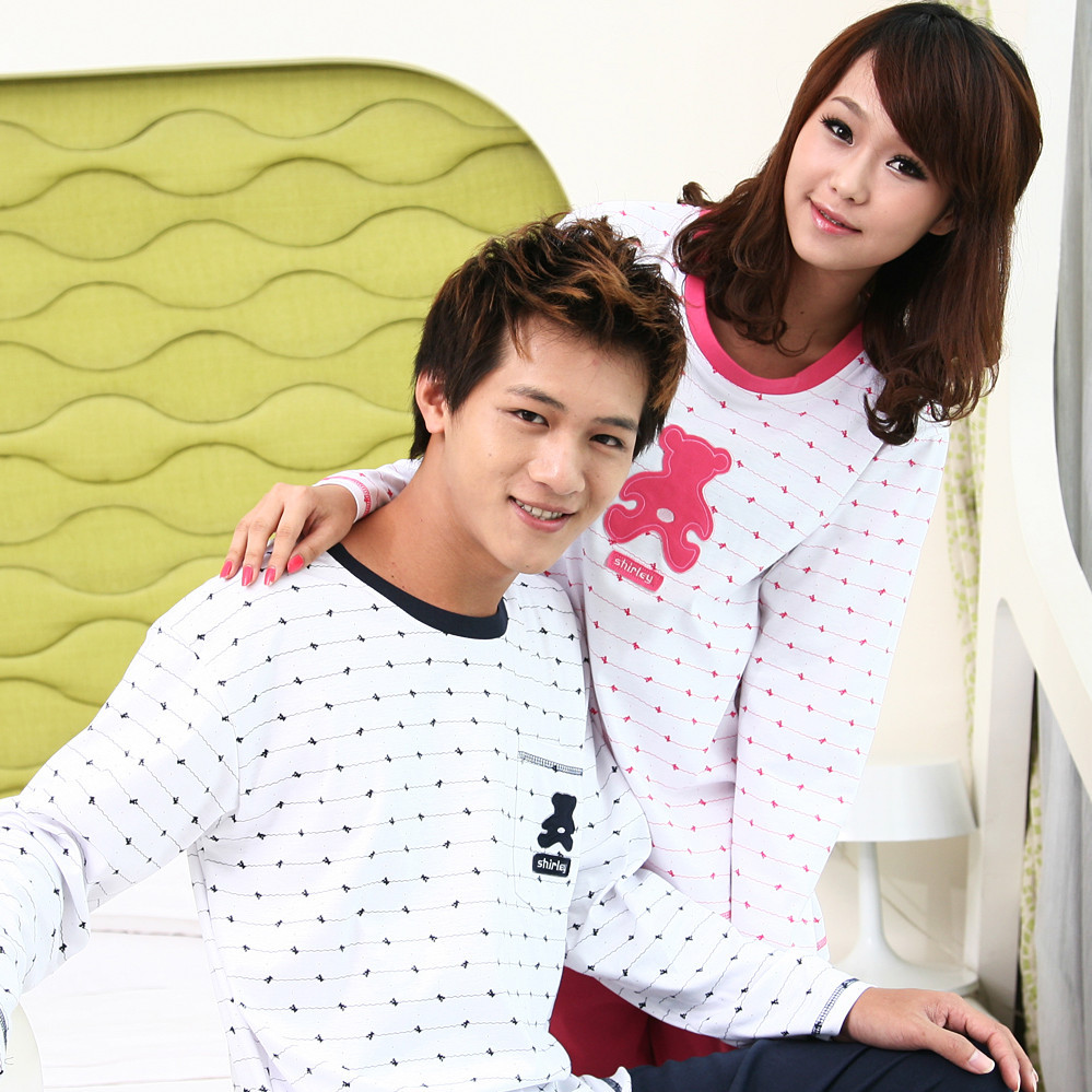 Free Shipping Princess spring and autumn cotton stripe lovers sleepwear male women's knitted cotton long-sleeve lounge sleepwear