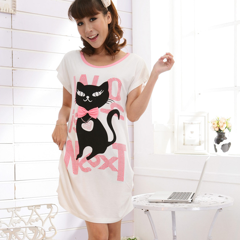 Free Shipping Princess summer bamboo fibre spaghetti strap nightgown cartoon cat cotton sleepwear female short-sleeve lounge