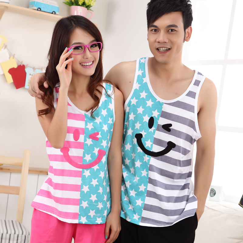 Free Shipping Princess summer lovers sleepwear vest sleeveless cotton cartoon stripe male women's lounge set