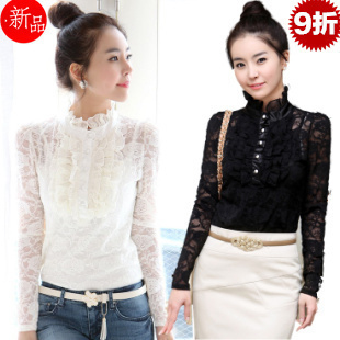 Free shipping promotion 2013 Lace Basic Shirt Elastic Long-sleeve Lace Shirt ,Blouses For Women ,S/M/L/XL