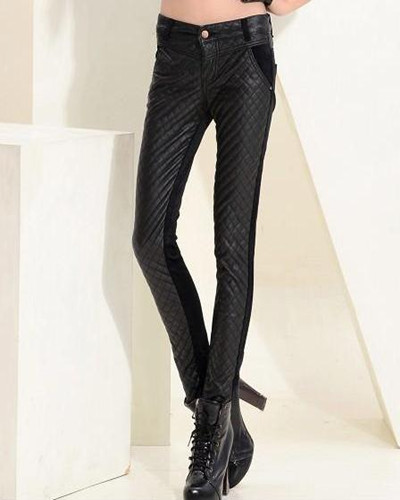 Free Shipping Promotion Fashion Faux Leather Panels Leggings with Plaid Seamed Women Skinny Tights Pants