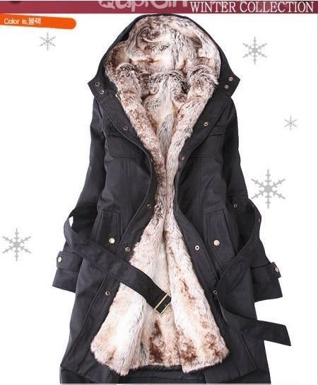 Free Shipping Promotion Faux fur lining women cotton coats long trench coat outerwear clothes Black color