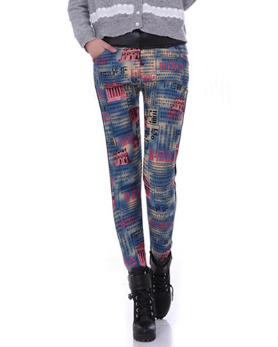 Free Shipping Promotion Skinny Newspaper Printed Tights Faux Leather Leggings Women Tights