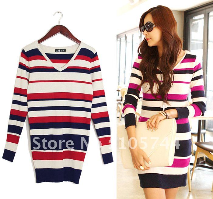 Free shipping promotion stripe color block decoration slim knitted multicolour V-neck sweater dress women winter dresses WRSC184