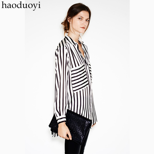 Free Shipping Prothorax big pocket decoration stripe shirt autumn and winter double pocket women's long-sleeve shirt 6 full