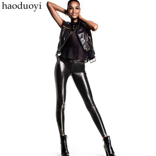 FREE SHIPPING! PU elastic waist elastic legging trousers gold hm oblique zipper motorcycle leather pants 6 full