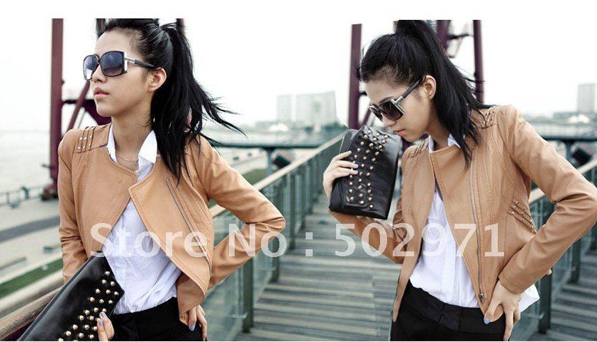 Free shipping PU leather coat jacket women clothes  motor Cultivate one's morality Rivet wholesale and retail