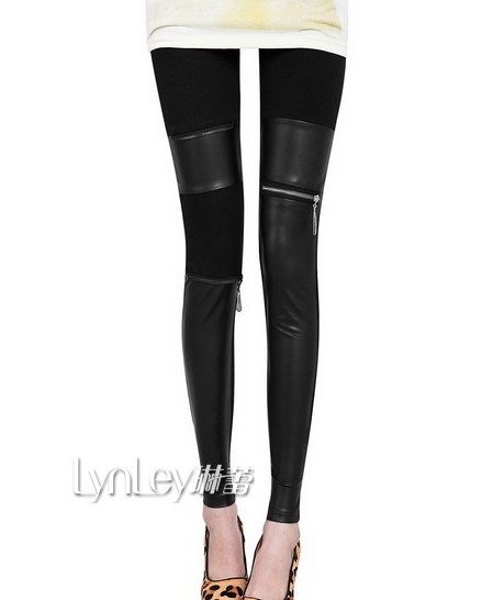 Free shipping PU Leather Cotton Stitching  Pants Punk Zipper Leggings