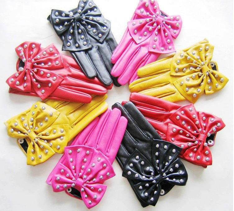 free shipping pu leather rivet bow points refers gloves Ladies gloves