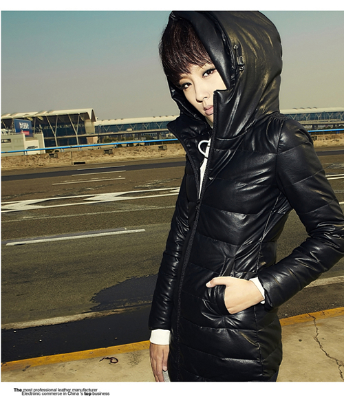 Free Shipping PU water wash faux leather coat, women's medium-long thickening down jacket coat in winter