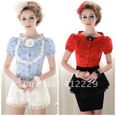 Free shipping puff short sleeve ruffles pleated ladies slim print slim blouse & shirt 2012 new fashion