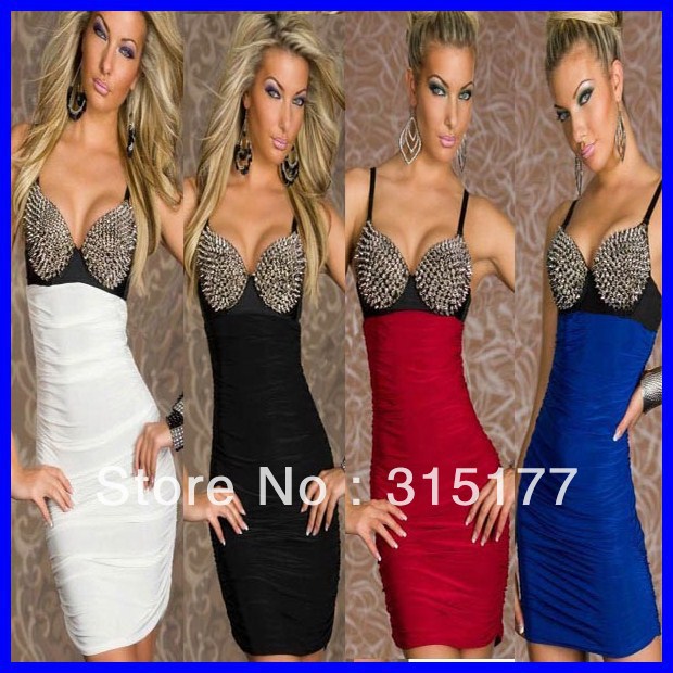 Free shipping Punk Rivets Bra Top Club Dress White Sexy Clubwear Wholesale 10pcs/lot  Mix order Dress New Fashion 2013 2680