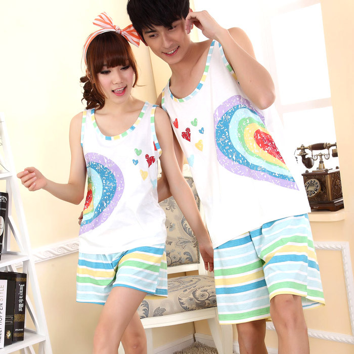 free shipping Pure cotton lovers sleepwear set male women's summer beach shorts lounge