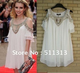 FREE SHIPPING pure manual beads elegant white chiffon dresses