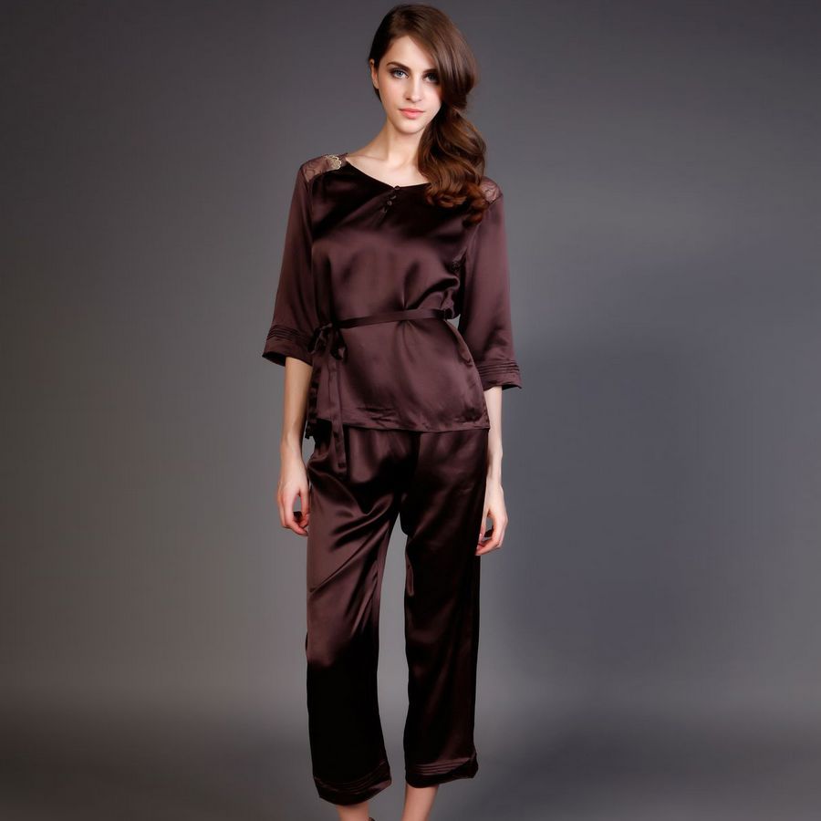 free shipping Pure silk mulberry silk half sleeve ankle length trousers set lounge sleepwear 1097