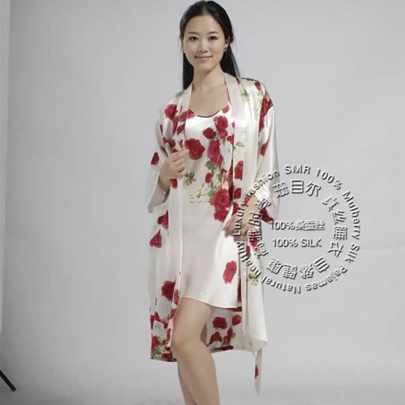 free shipping Pure silk sleepwear mulberry silk robe sm96055 female print kimono lounge set