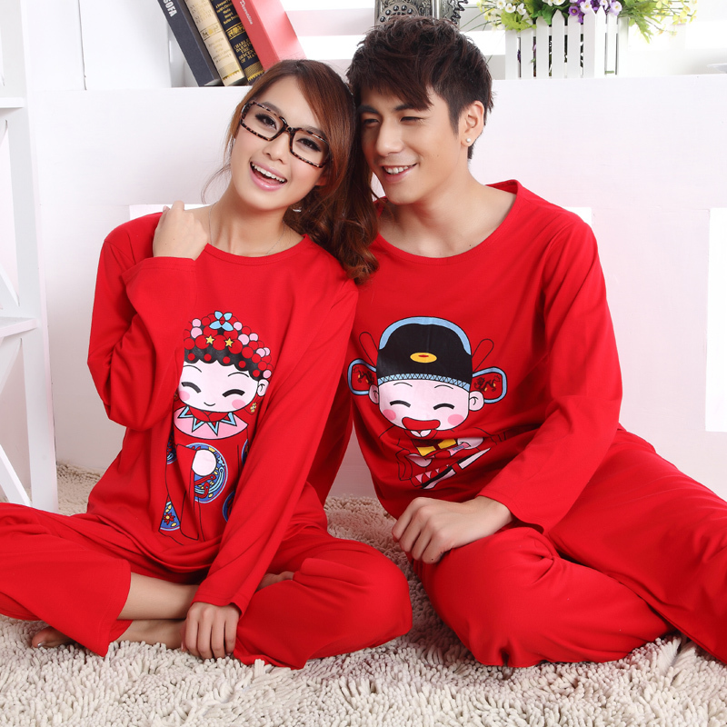 Free Shipping Pure spring and autumn cotton marry lovers sleepwear red sleepwear casual set lounge