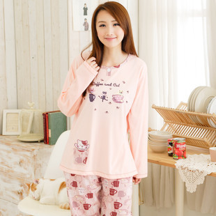 free shipping Pure tea cup women's long-sleeve 100% cotton sleep set cartoon lounge