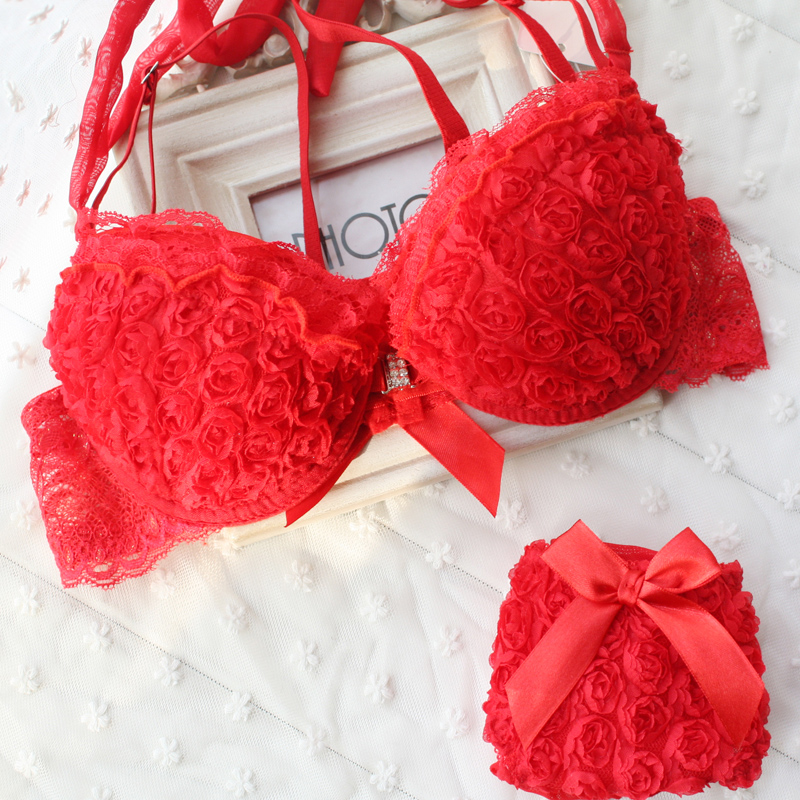 free shipping push up Rose front button bra set sexy halter-neck romantic three-dimensional flower underwear red for women