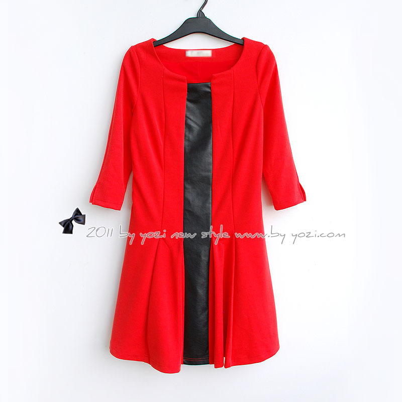 Free shipping Q-869-050 spring and autumn 2012 dress faux leather patchwork dresses three quarter sleeve slim dress for women