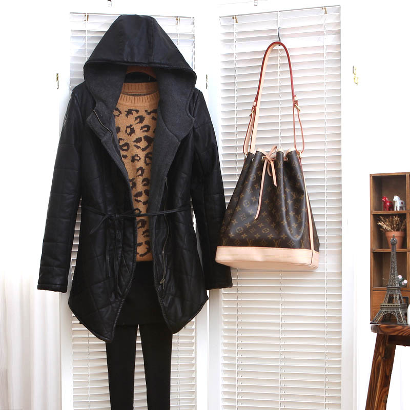 free shipping Q30059 autumn and winter 2012 female ol slim medium-long leather clothing wadded jacket with a hood outerwear s3