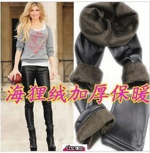 Free Shipping, Q55 autumn and winter thickening matt faux leather double layer beaver wool warm legging pants 402g