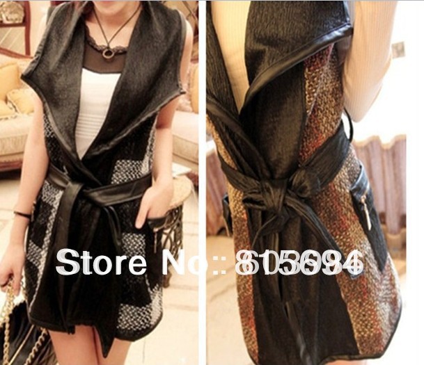 Free shipping qiu dong han new dress to restore ancient ways lattice PU leather splicing ma3 jia3