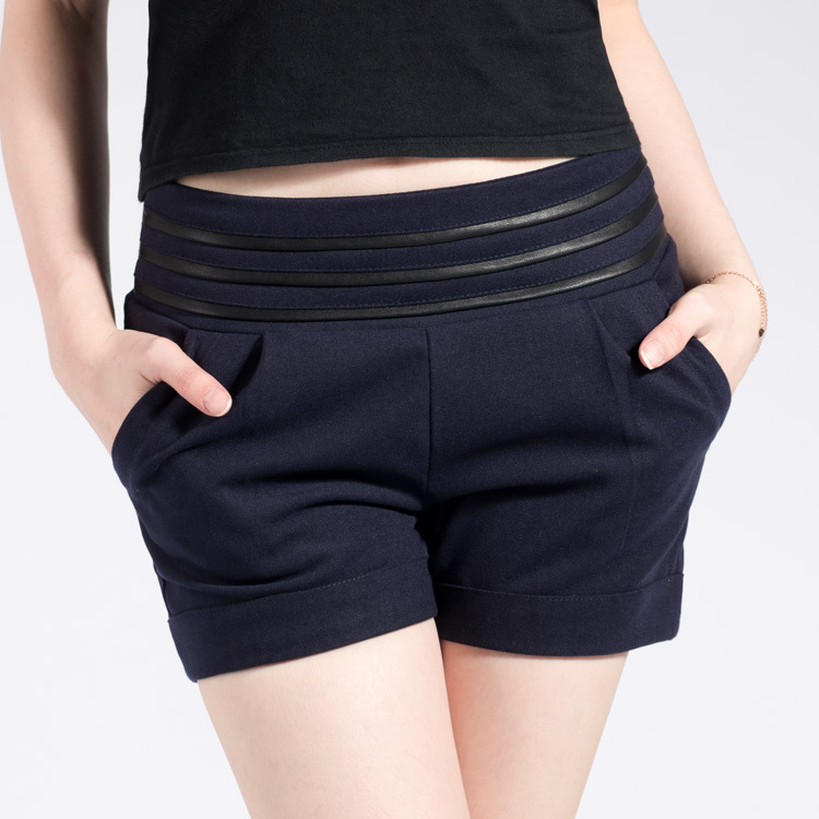 Free Shipping Qiu dong han new fashion show thin leisure PU splicing ladies shorts