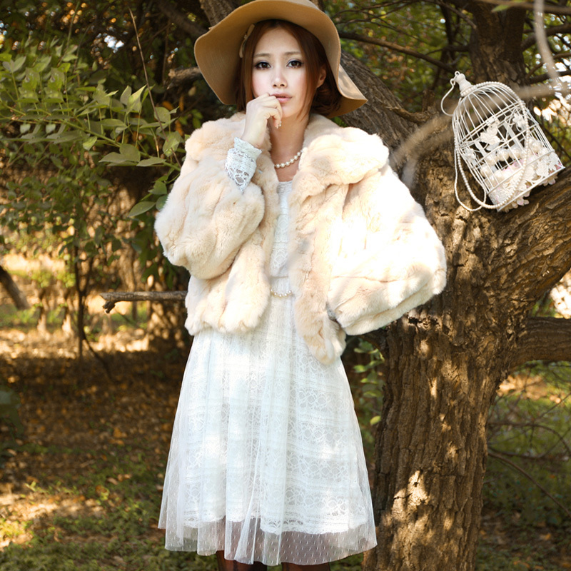 free shipping Quality rex rabbit hair sweet lantern flare sleeve elegant short design fur