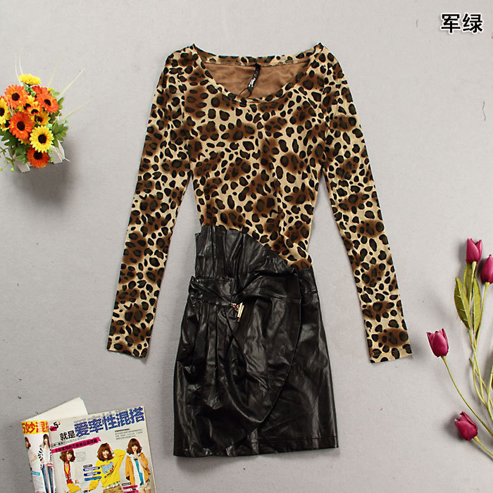 Free shipping Quality women's long-sleeve faux leather leopard print one-piece dress