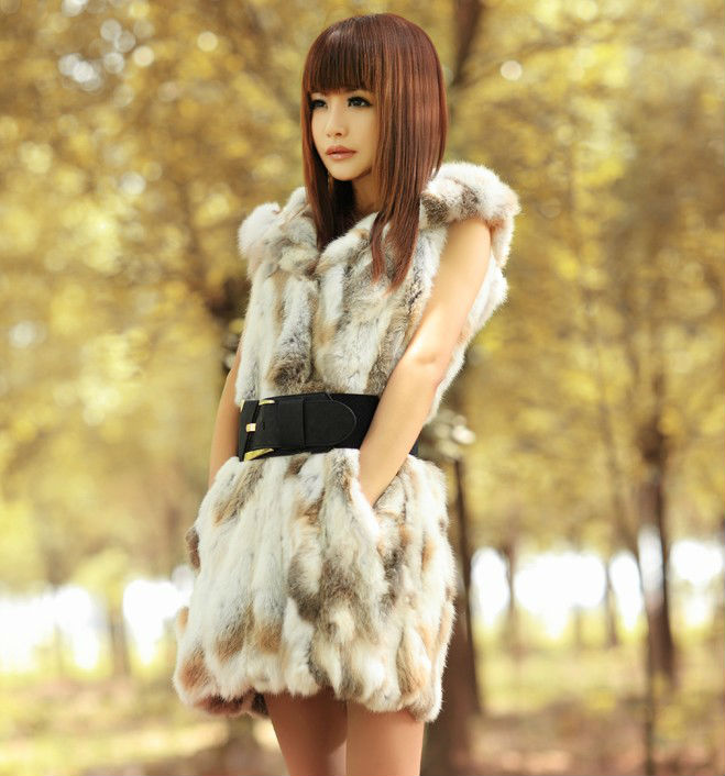 Free shipping rabbit fur vest women with hooded  6color