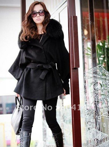 Free Shipping Real Fox Fur Collar Women's Long Black Coat Fur Jacket Wool Clothes Plus Size Wholesale