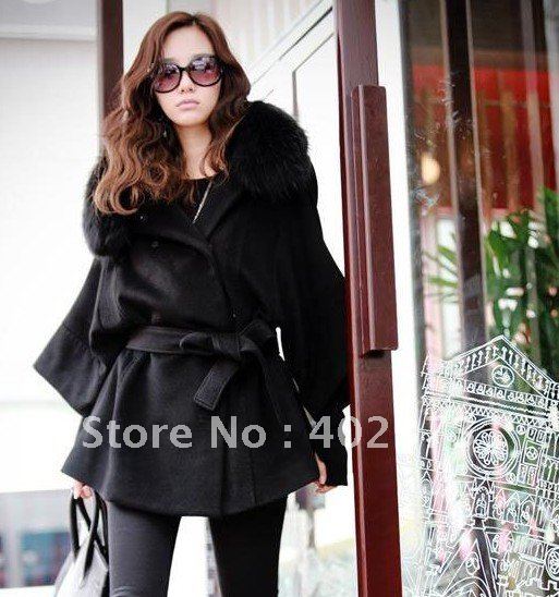 Free shipping Real Fox Fur Collar Women's Long Cape Coat Fur Jacket Wool Clothes Wholesale 002