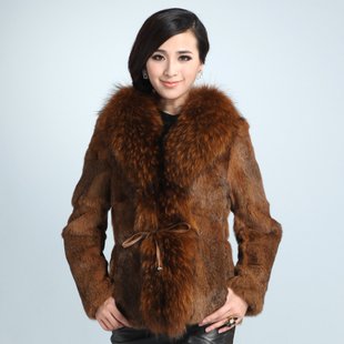 Free Shipping Real Rabbit Fur Coat with Raccoon Dog Fur Trimming Women Fur Outwear Lady Garment