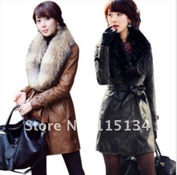 (Free shipping)Real raccoon fur collar fur coat long coat Slim detachable fur female jacket winter new leather