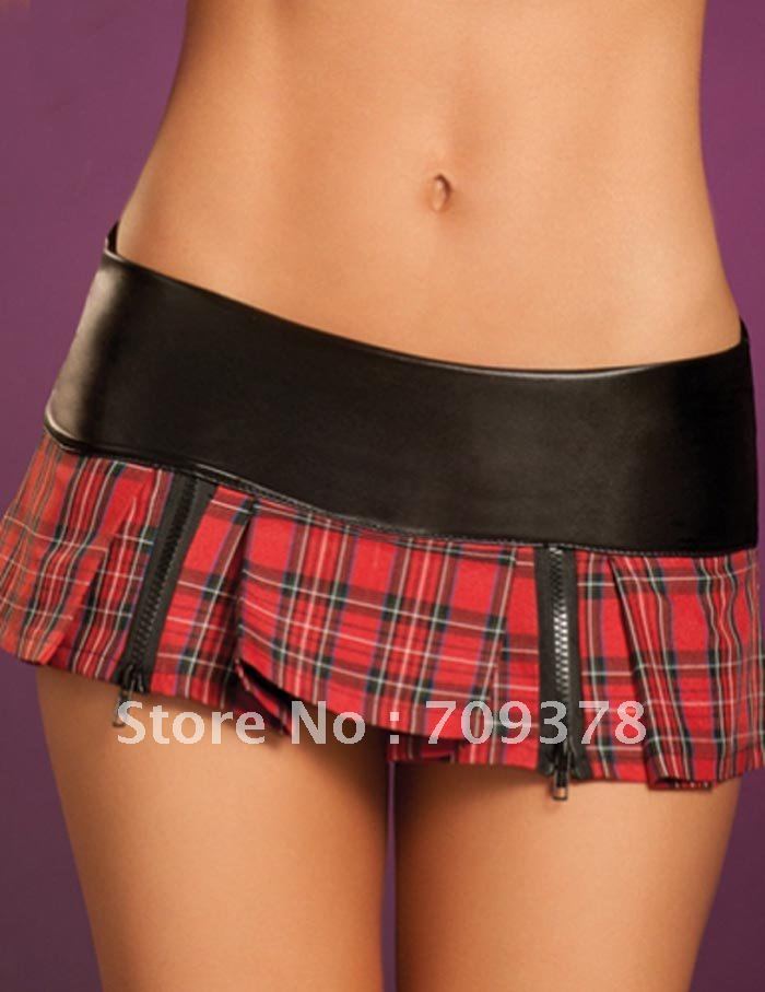 Free shipping Red black zipper plaid skirt Leather wholesale Ladies mini skirt 10pc/lot 7085