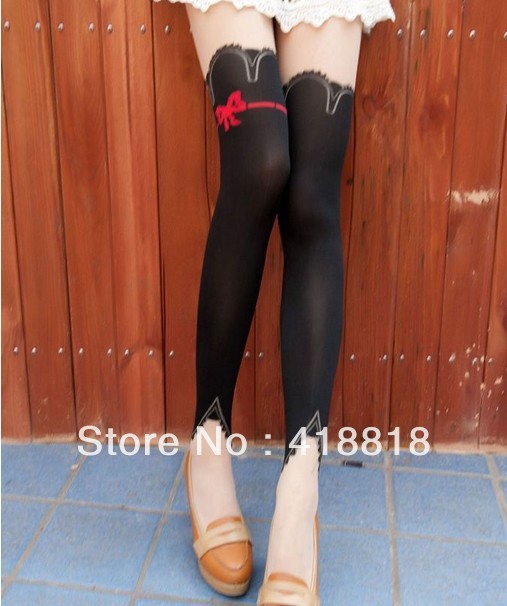 Free shipping Red bow fake silk jacquard even pants socks