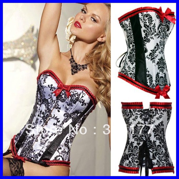 Free shipping Red Bows Embroidered Corset 12 Double Layer Steel Bones Wholesale 10pcs/lot 2012 Corset lingerie 5266