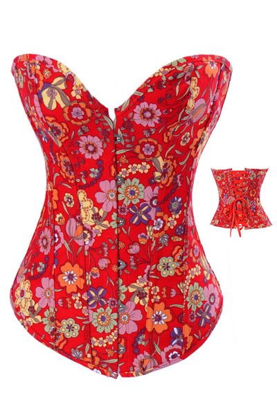 Free Shipping Red Denim Floral Sexy Overbust Pattern Corset (Size S,M,L,XL) LB4478